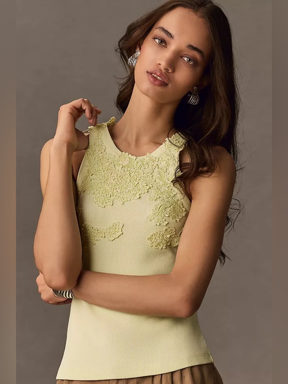 Anthropologie Ribbed Lace Appliqué Tank